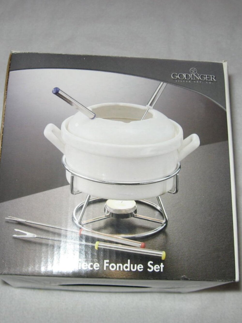 Godinger 6pc Fondue Set Porcelain Pot 4 Forks NIB